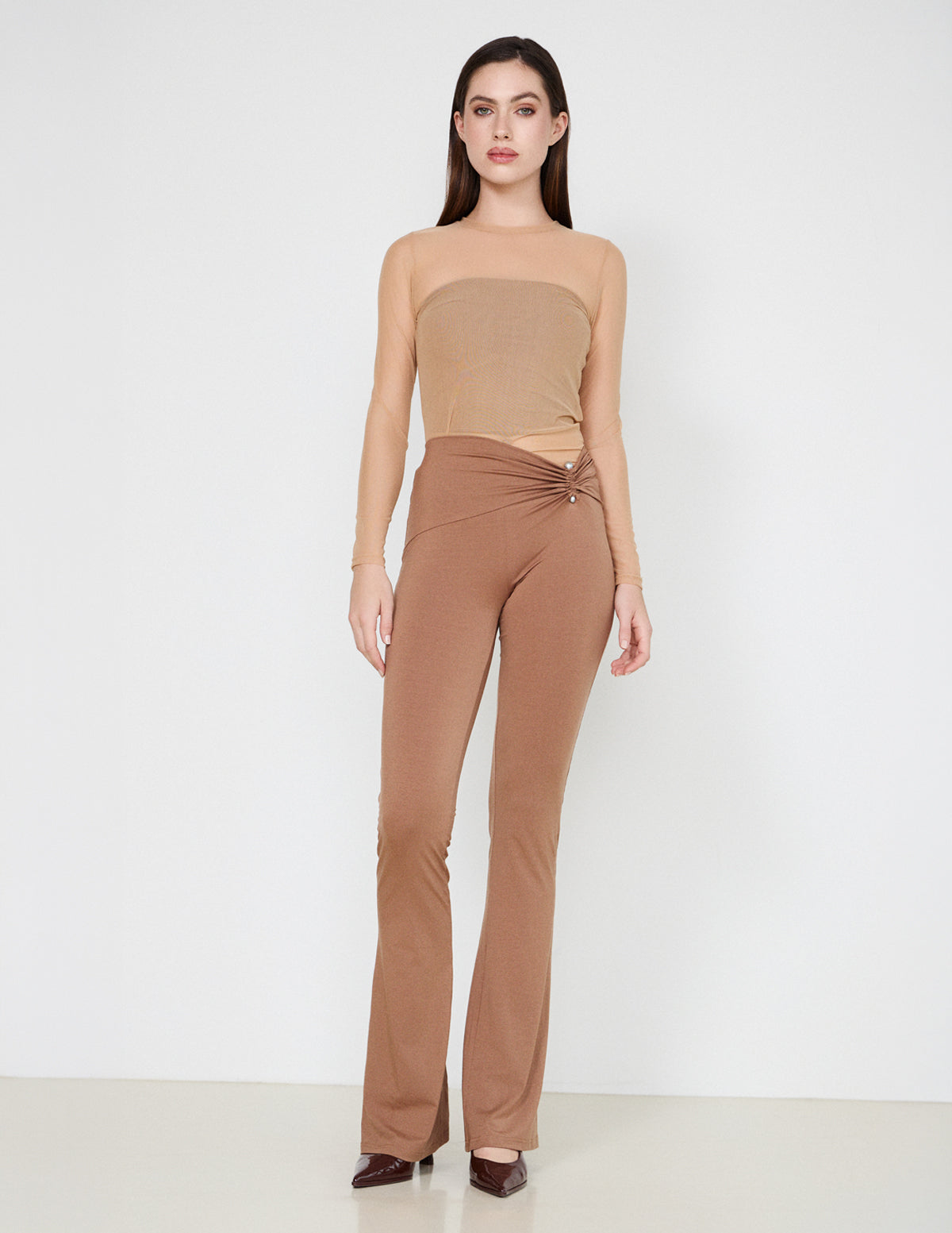 Brown Margaret Jersey Pants with Metal Detail