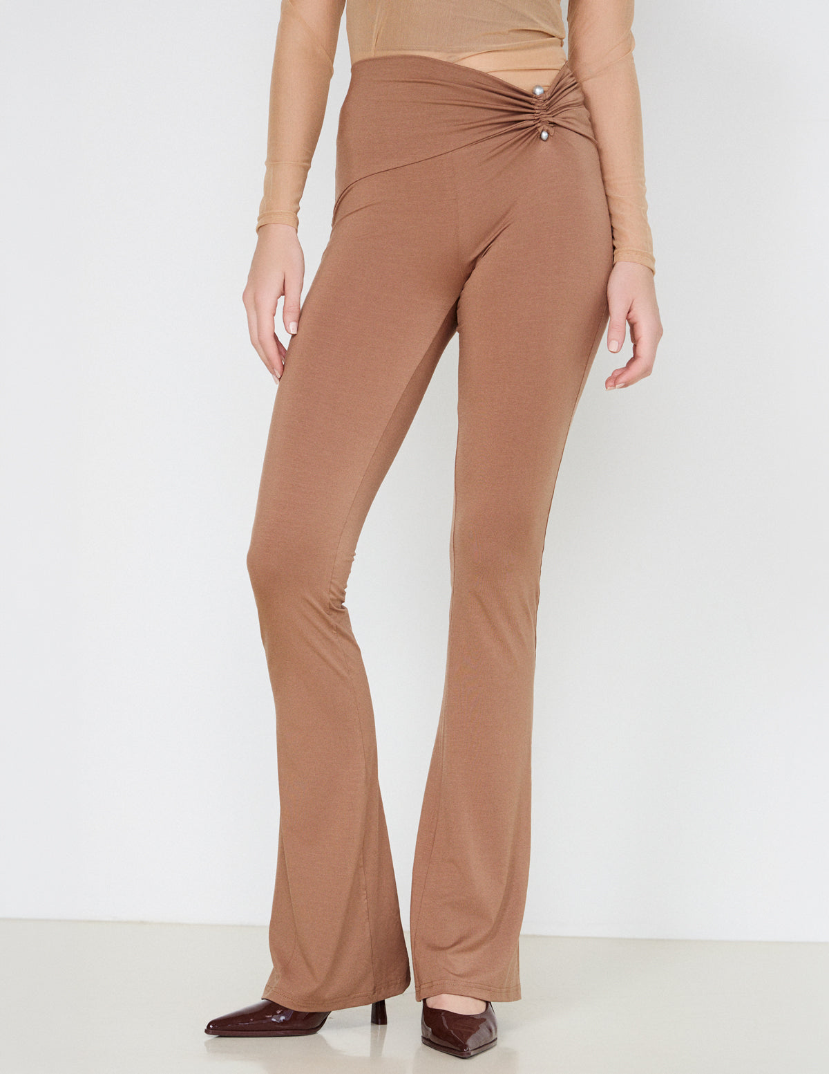 Brown Margaret Jersey Pants with Metal Detail
