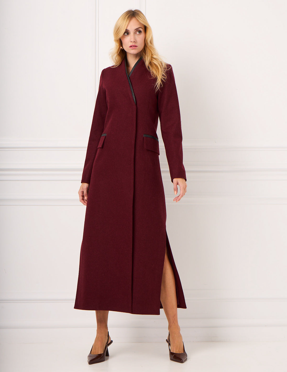 Dark Red Amanda Wool Coat with Leather-Trim Collar