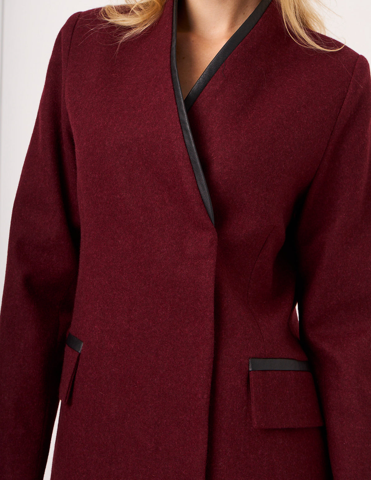 Dark Red Amanda Wool Coat with Leather-Trim Collar