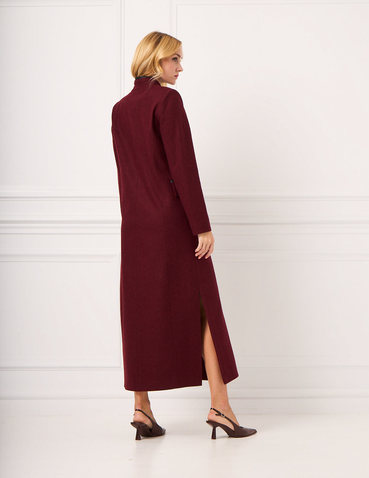 Dark Red Amanda Wool Coat with Leather-Trim Collar