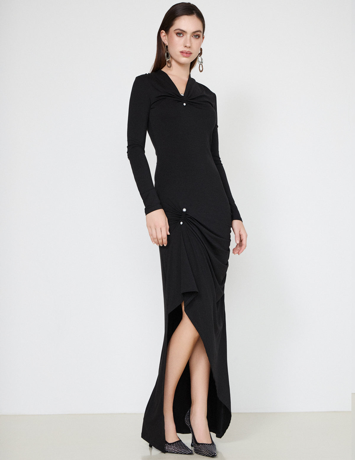 Black Margaret Jersey Dress with Metal Detail