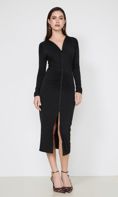 Φόρεμα από ζέρσεϊ με φερμουάρ και κουκούλα, μαύρο MARGARET