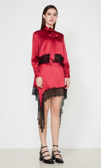 Μεταξωτή φούστα με δαντέλα Κόκκινη Adriana