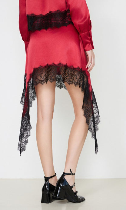 Μεταξωτή φούστα με δαντέλα Κόκκινη Adriana