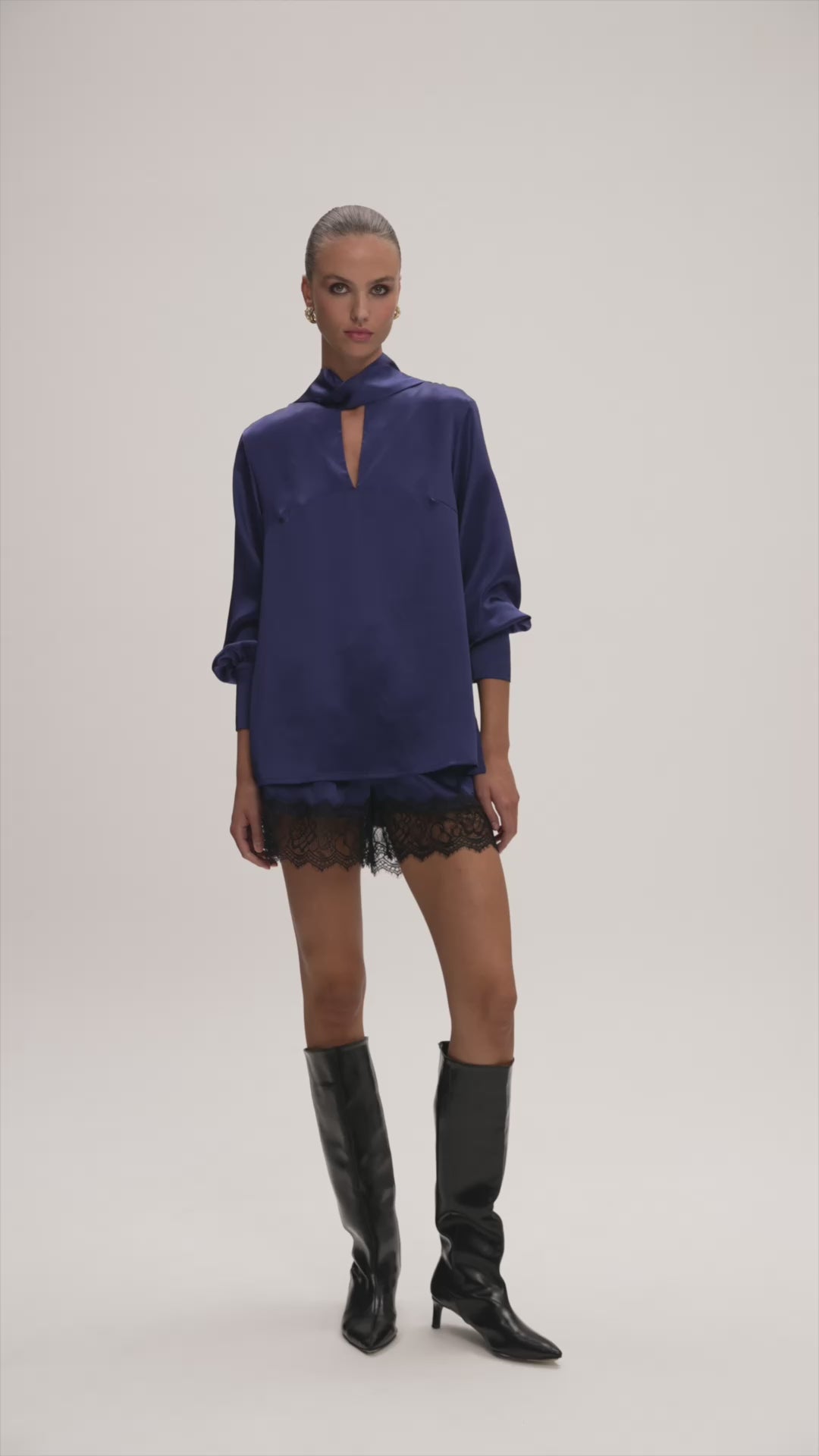Sienna Silk Shirt Navy / Siena Silk Shorts with Lace Navy — product video