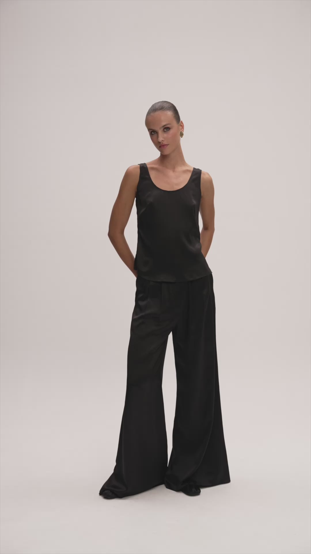 Moon Slip Tank Top Silk Black / Moon Wide Leg Pants Silk Black — product video