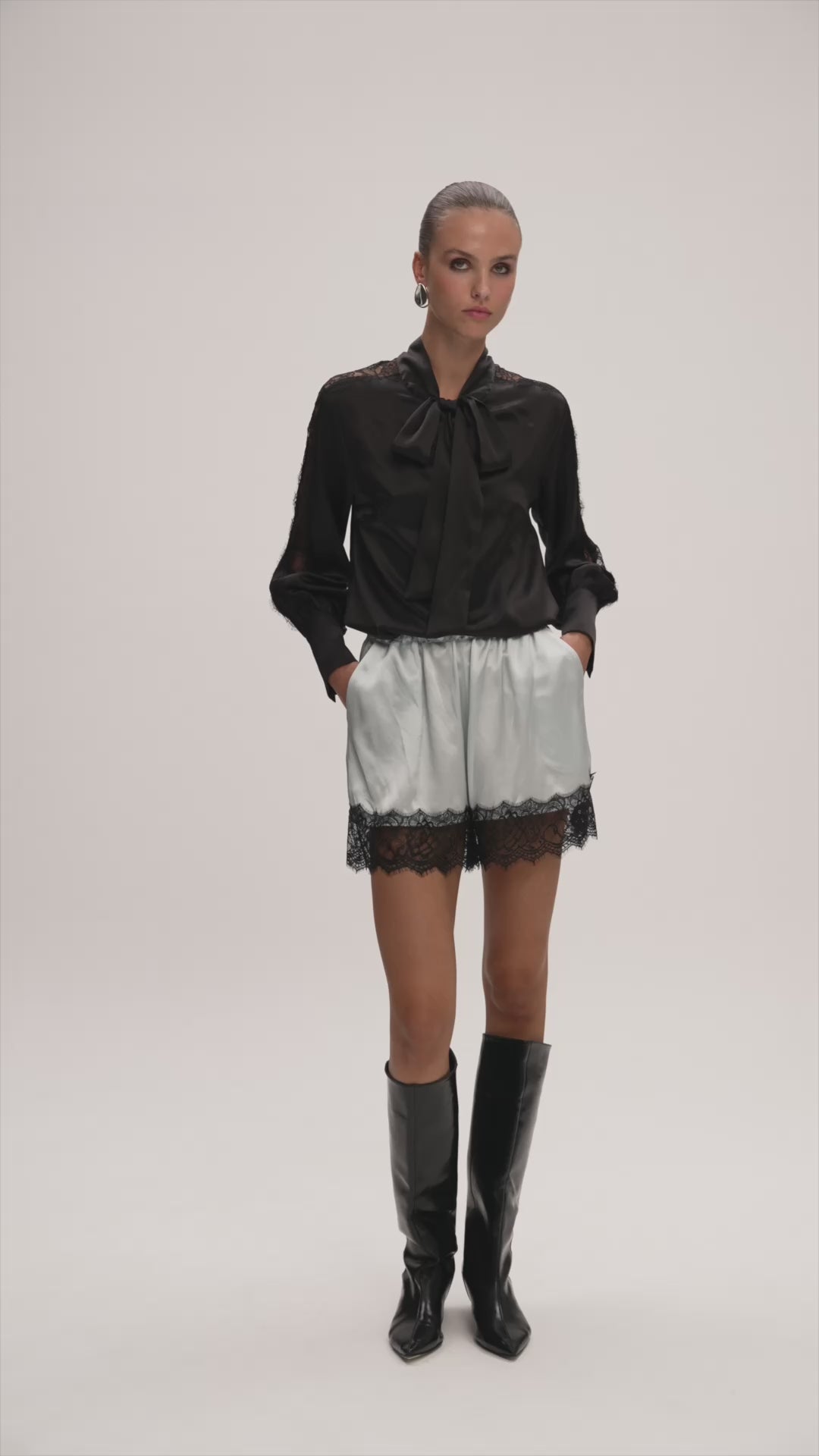 Sienna Silk Shirt with Lace Black / Siena Silk Shorts with Lace Light Blue — product video