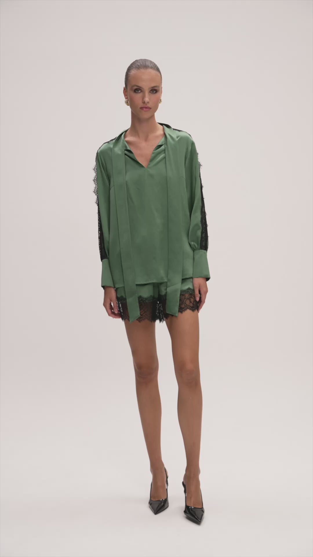 Sienna Silk Shirt with Lace Light Green / Siena Silk Shorts with Lace Light Green — product video