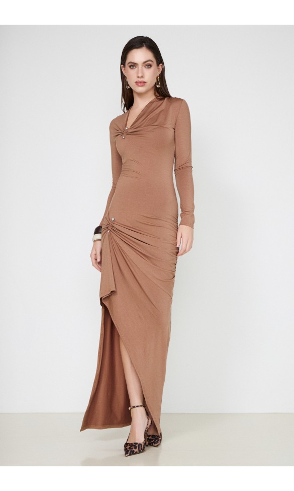 Jersey Dress with Metal Detail Brown MARGARET